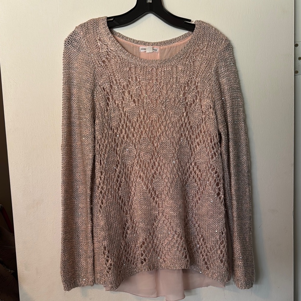 Warehouse One Pink Knit Sweater with Sheer Hem